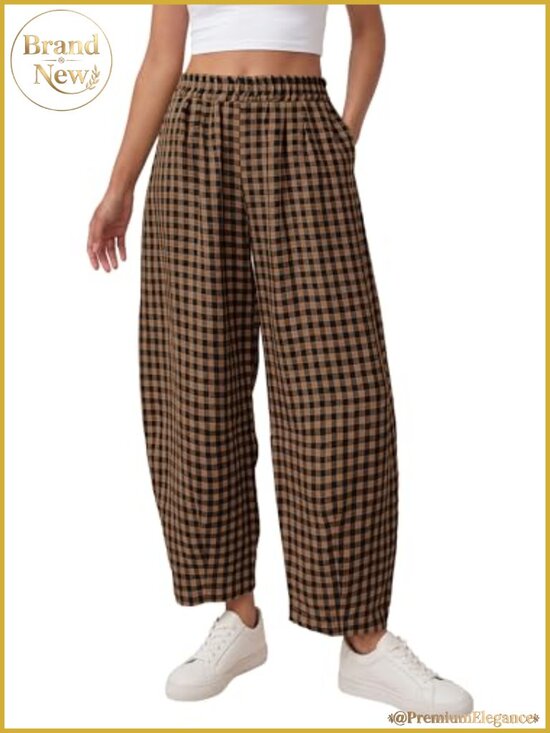 Pants - Plaid Barrel Pants Women Wide Leg Elastic Waist Casual